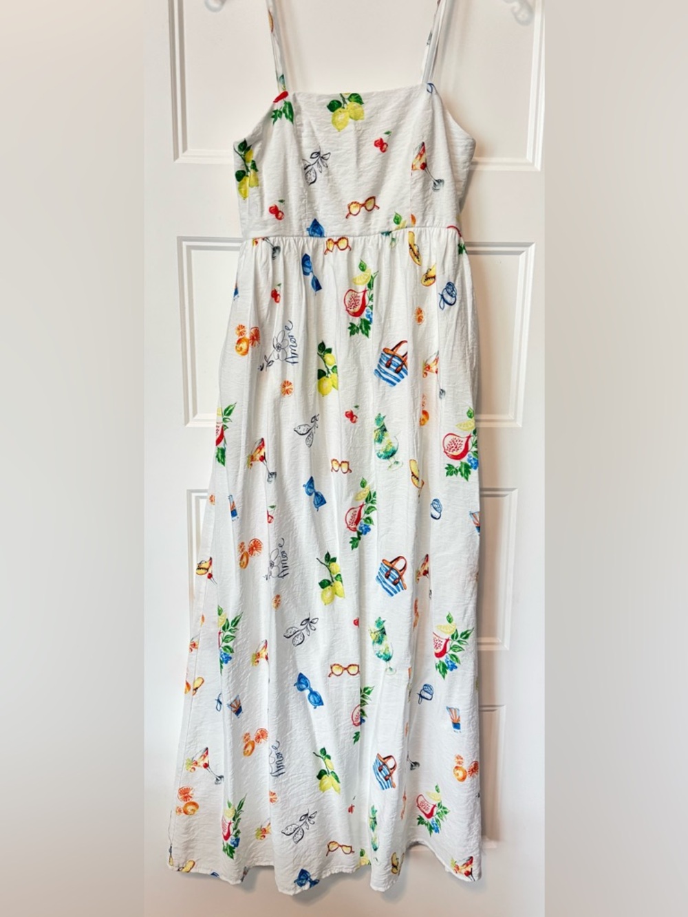Rachel Zoe White Summer Print Midi Dress Fruit Sundress Smocked Back Strappy